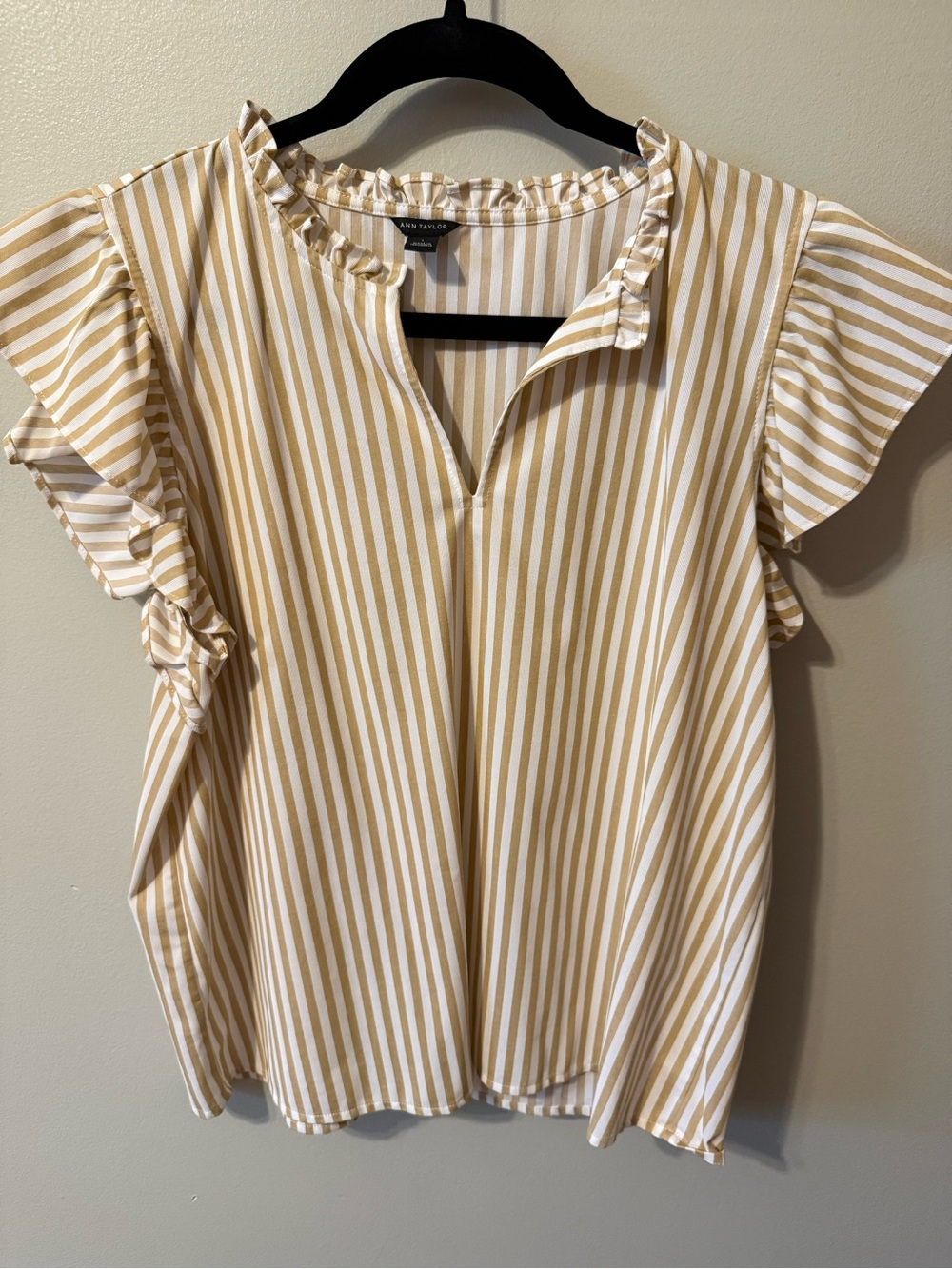 Ann Taylor Cream & Tan Striped Ruffle Sleeve Blouse